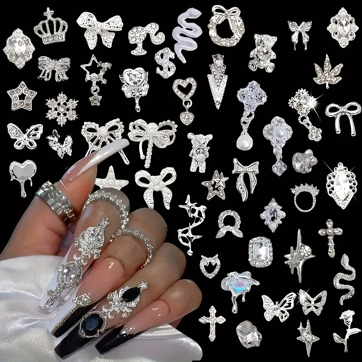 30pcs Luxury Alloy Nail Charms Golden/Silvery Random Mixed Nail Art Decorations Glitter Crystal Gems Rhinestones Alloy Nail Charms